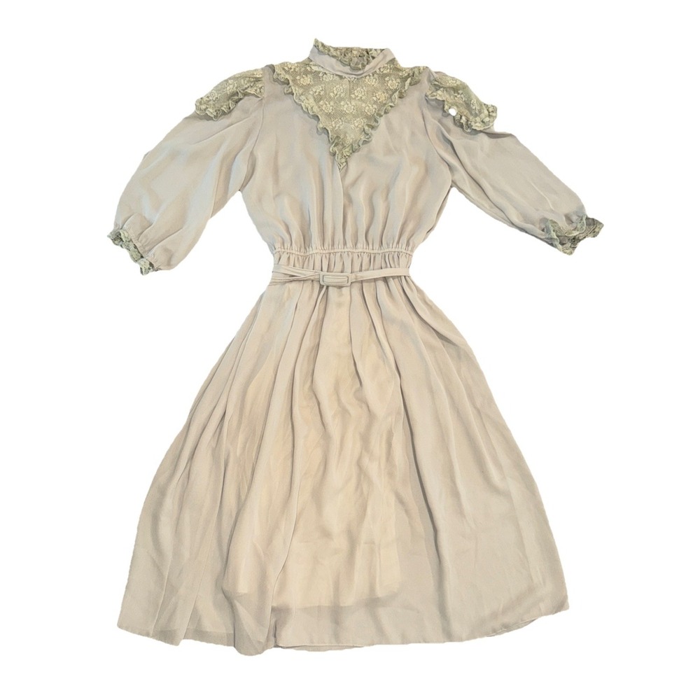 Vintage Imperial Fashion Fancy Retro Dress 60's Sage Green Sheer Lace Trim ?Sm?